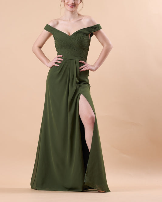 Olive Green Off Shoulder Ruched Chiffon Floor-Length Bridesmaid Dress With High Side Slit | US Sizes | Ship in 72 Hours