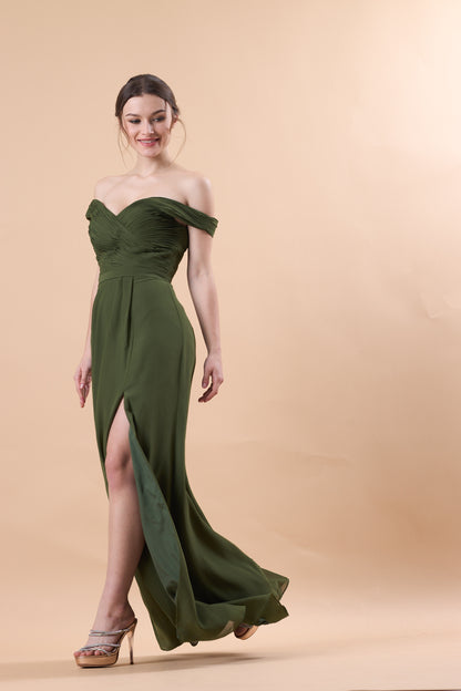 Olive Green Off Shoulder Ruched Chiffon Floor-Length Bridesmaid Dress With High Side Slit | US Sizes | Ship in 72 Hours