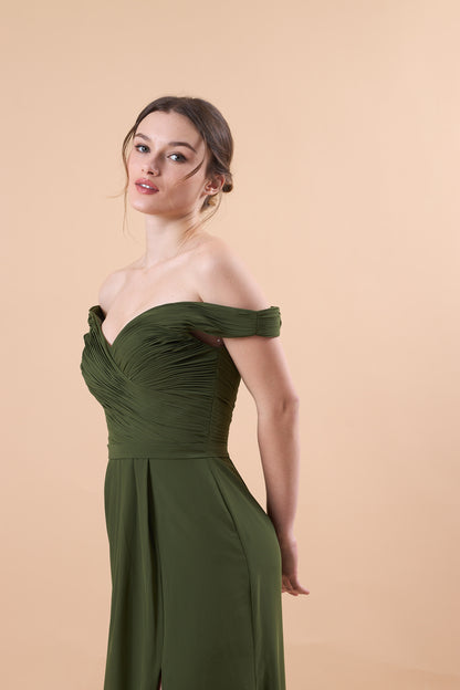 Olive Green Off Shoulder Ruched Chiffon Floor-Length Bridesmaid Dress With High Side Slit | US Sizes | Ship in 72 Hours
