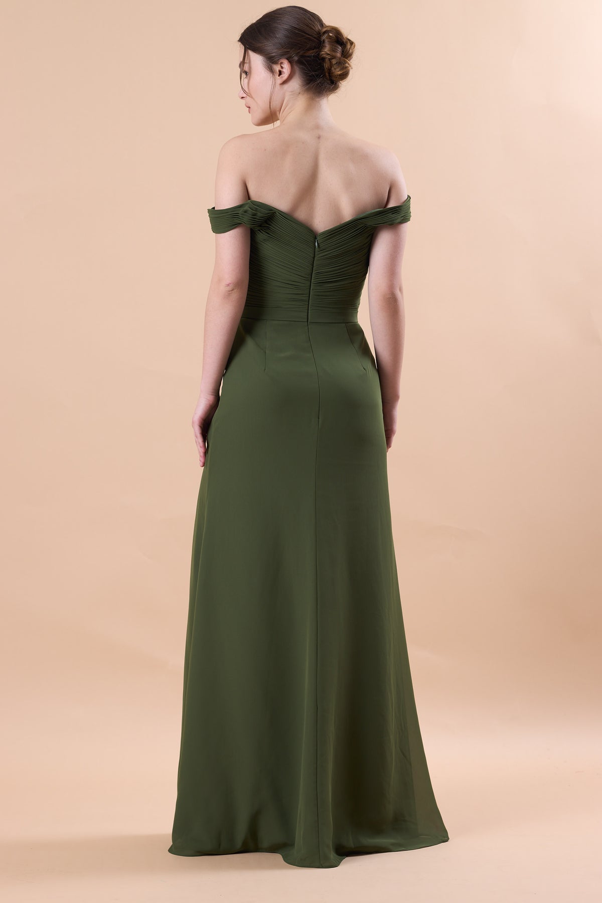 Olive Green Off Shoulder Ruched Chiffon Floor-Length Bridesmaid Dress With High Side Slit | US Sizes | Ship in 72 Hours