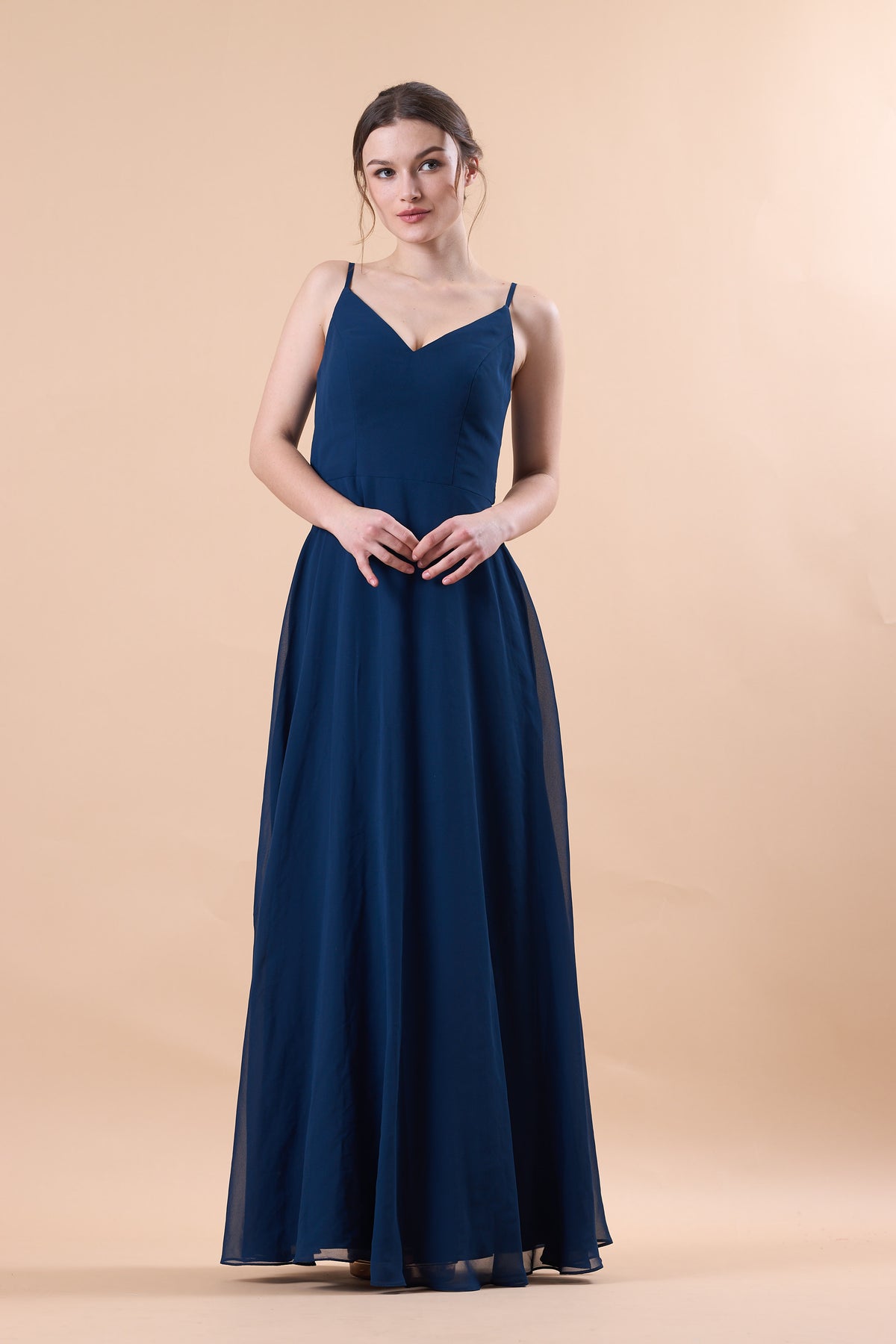 Navy Blue Spaghetti Strap V Neck Chiffon Floor-Length Bridesmaid Dress | US Sizes | Ship in 72 Hours