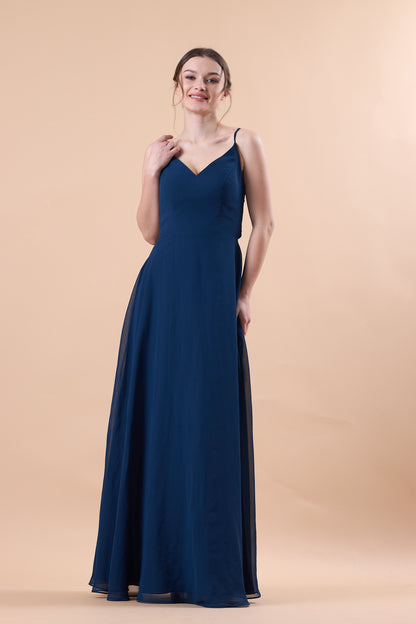 Navy Blue Spaghetti Strap V Neck Chiffon Floor-Length Bridesmaid Dress | US Sizes | Ship in 72 Hours
