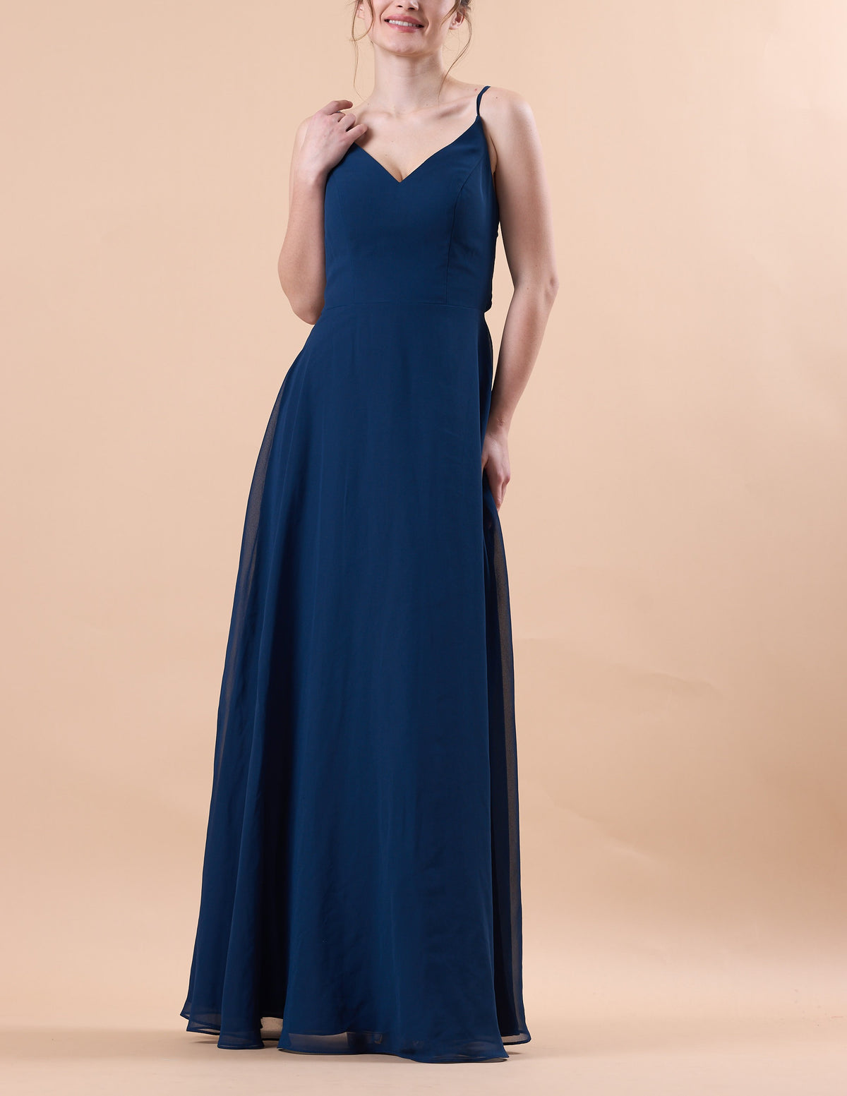 Navy Blue Spaghetti Strap V Neck Chiffon Floor-Length Bridesmaid Dress | US Sizes | Ship in 72 Hours