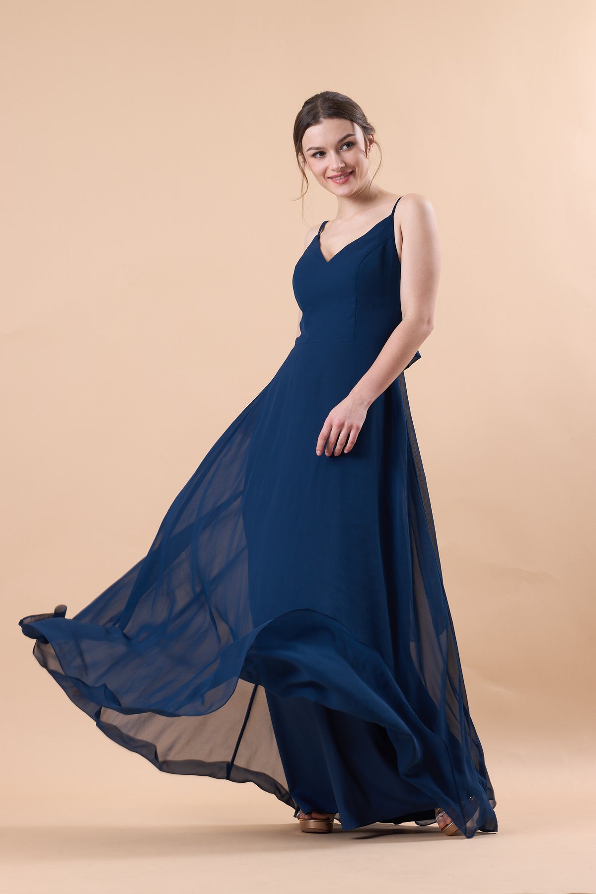 Navy Blue Spaghetti Strap V Neck Chiffon Floor-Length Bridesmaid Dress | US Sizes | Ship in 72 Hours