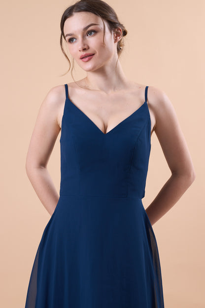 Navy Blue Spaghetti Strap V Neck Chiffon Floor-Length Bridesmaid Dress | US Sizes | Ship in 72 Hours