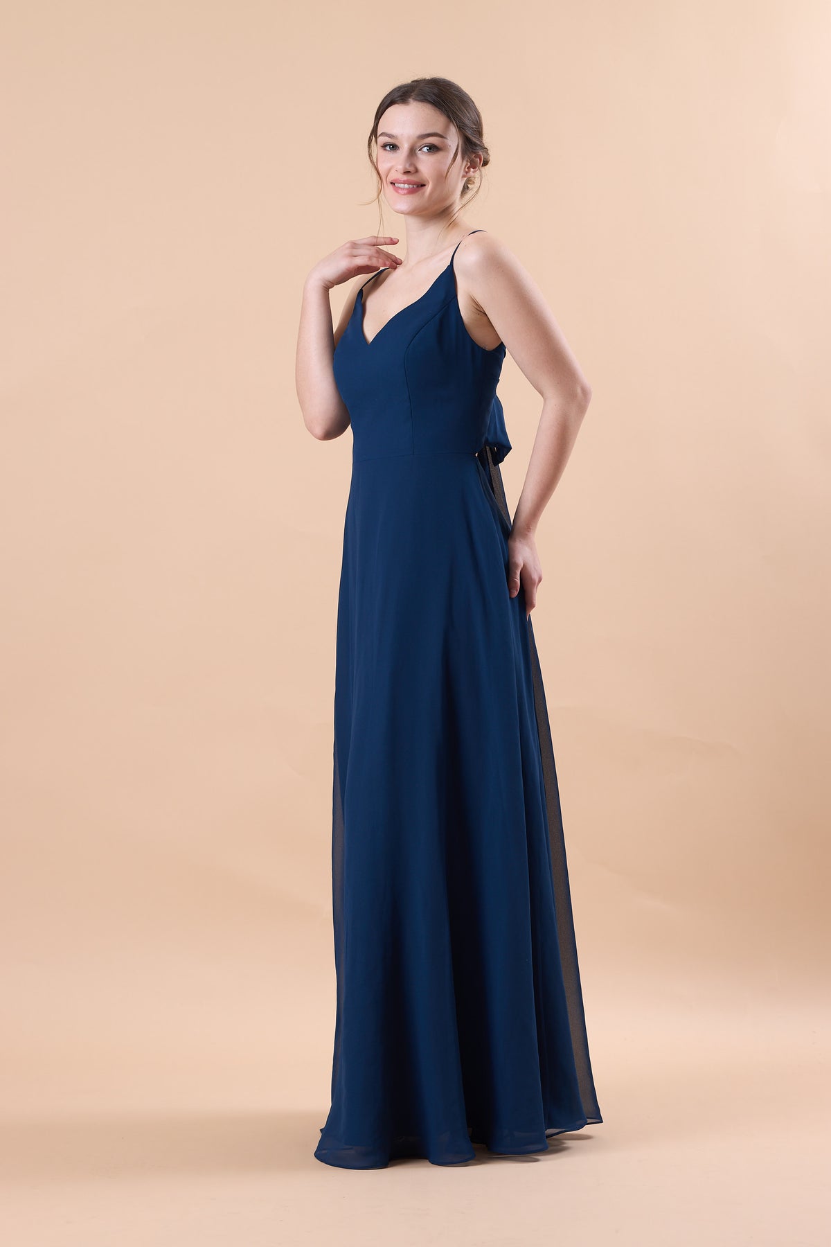 Navy Blue Spaghetti Strap V Neck Chiffon Floor-Length Bridesmaid Dress | US Sizes | Ship in 72 Hours