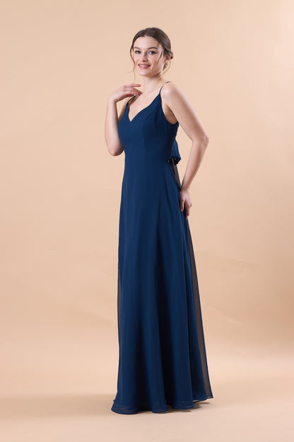 Navy Blue Spaghetti Strap V Neck Chiffon Floor-Length Bridesmaid Dress | US Sizes | Ship in 72 Hours