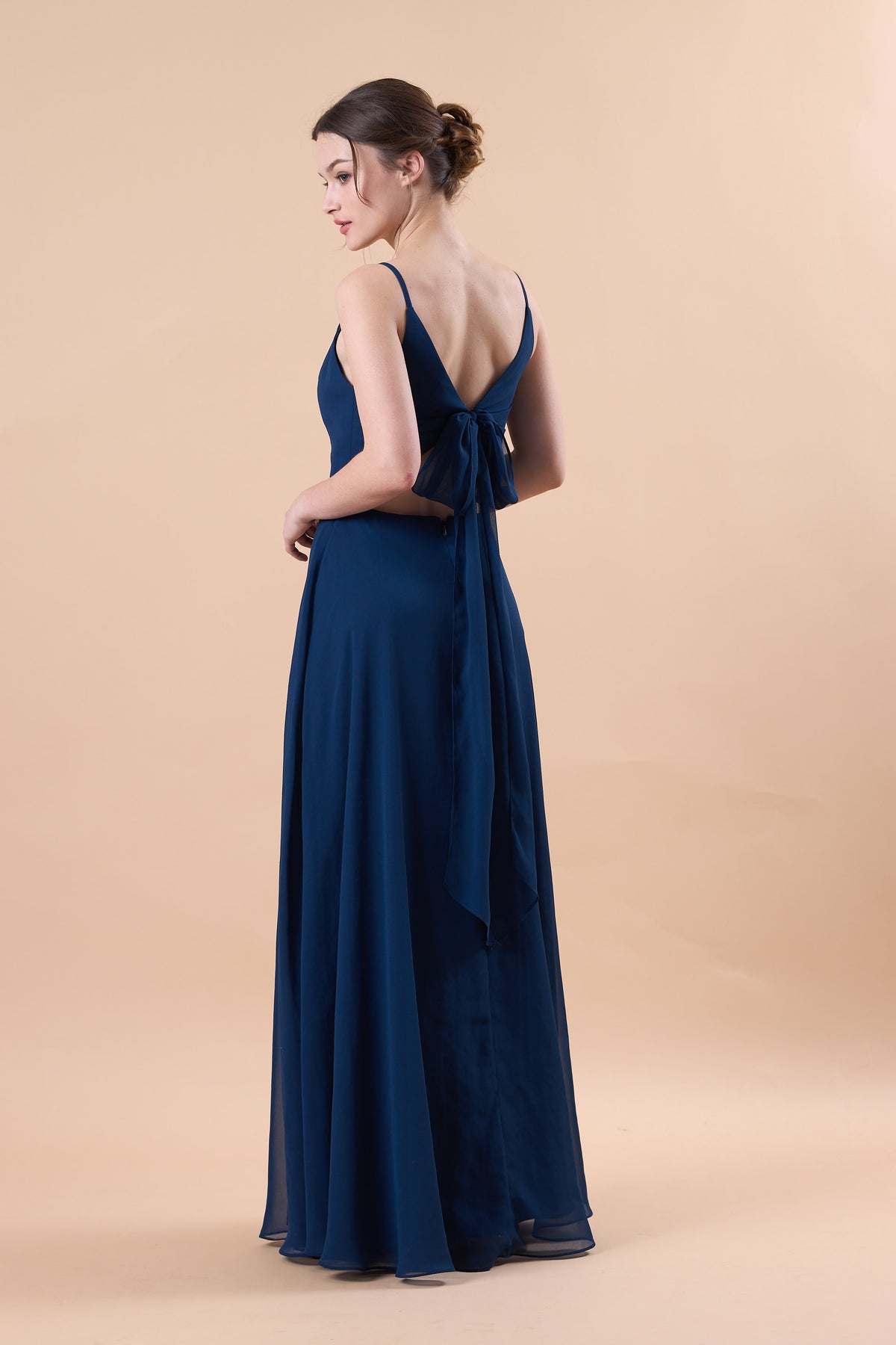 Navy Blue Spaghetti Strap V Neck Chiffon Floor-Length Bridesmaid Dress | US Sizes | Ship in 72 Hours