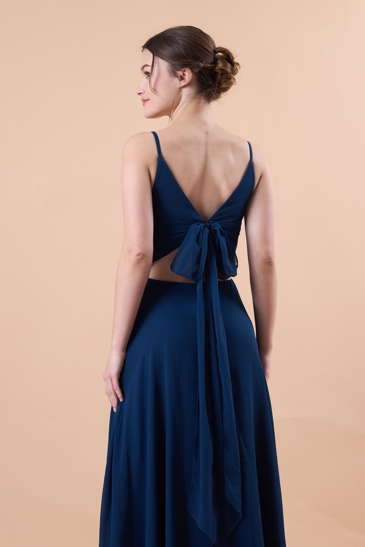 Navy Blue Spaghetti Strap V Neck Chiffon Floor-Length Bridesmaid Dress | US Sizes | Ship in 72 Hours