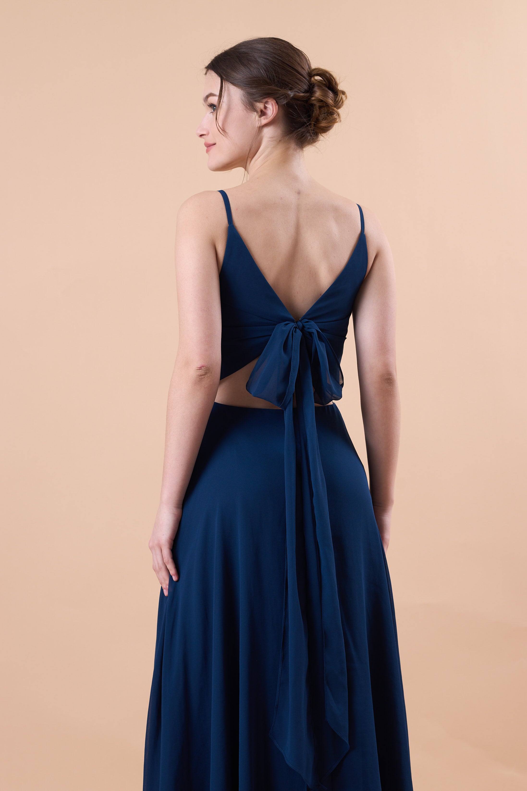 Navy Blue Spaghetti Strap V Neck Chiffon Floor-Length Bridesmaid Dress | US Sizes | Ship in 72 Hours
