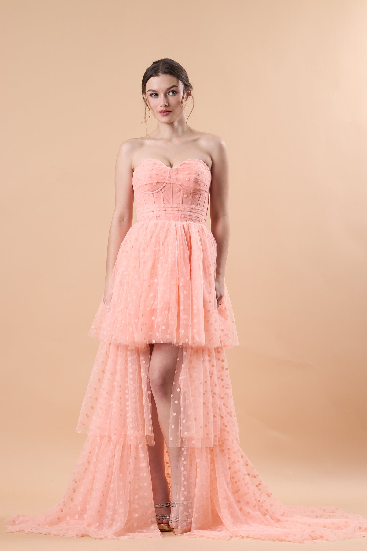 Blush Strapless Sweetheart Corset Polka Dot High Low Tulle Formal Gown | US Sizes | Ship in 72 Hours