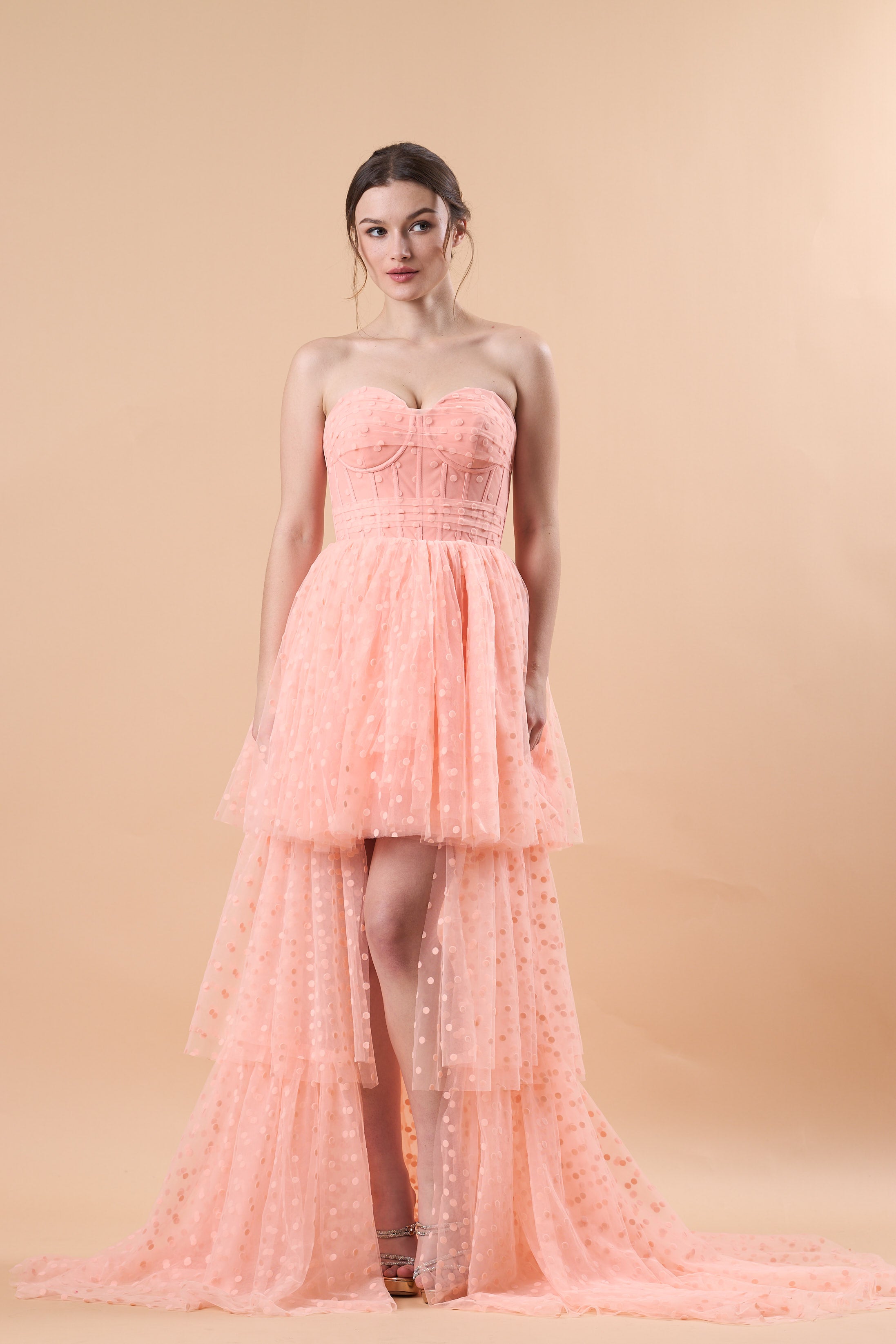 Blush Strapless Sweetheart Corset Polka Dot High Low Tulle Formal Gown | US Sizes | Ship in 72 Hours