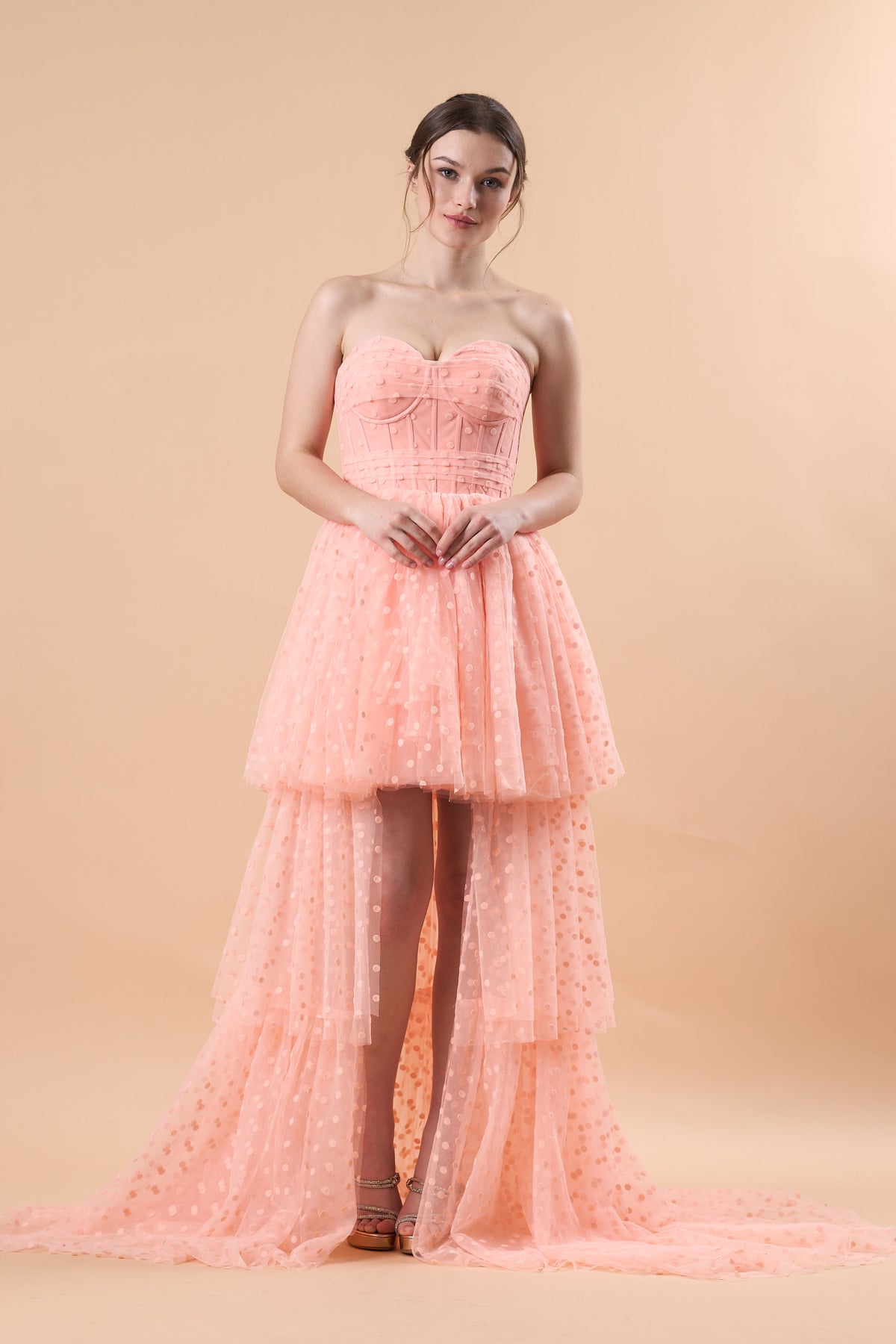 Blush Strapless Sweetheart Corset Polka Dot High Low Tulle Formal Gown | US Sizes | Ship in 72 Hours
