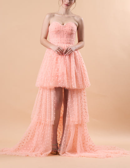 Blush Strapless Sweetheart Corset Polka Dot High Low Tulle Formal Gown | US Sizes | Ship in 72 Hours