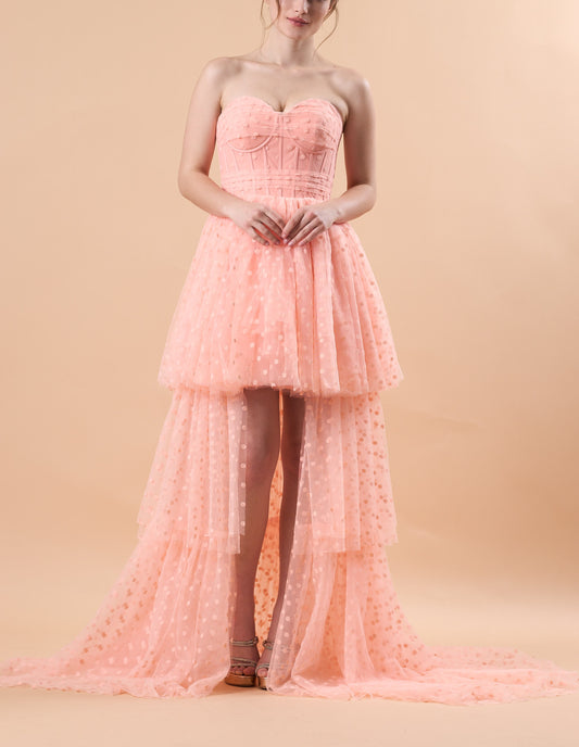 Blush Strapless Sweetheart Corset Polka Dot High Low Tulle Formal Gown | US Sizes | Ship in 72 Hours