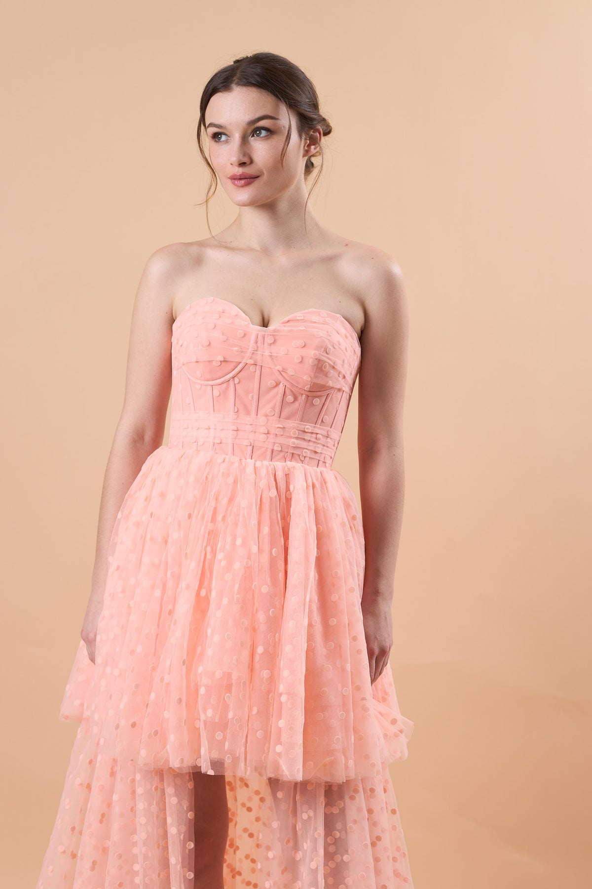 Blush Strapless Sweetheart Corset Polka Dot High Low Tulle Formal Gown | US Sizes | Ship in 72 Hours