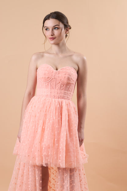 Blush Strapless Sweetheart Corset Polka Dot High Low Tulle Formal Gown | US Sizes | Ship in 72 Hours