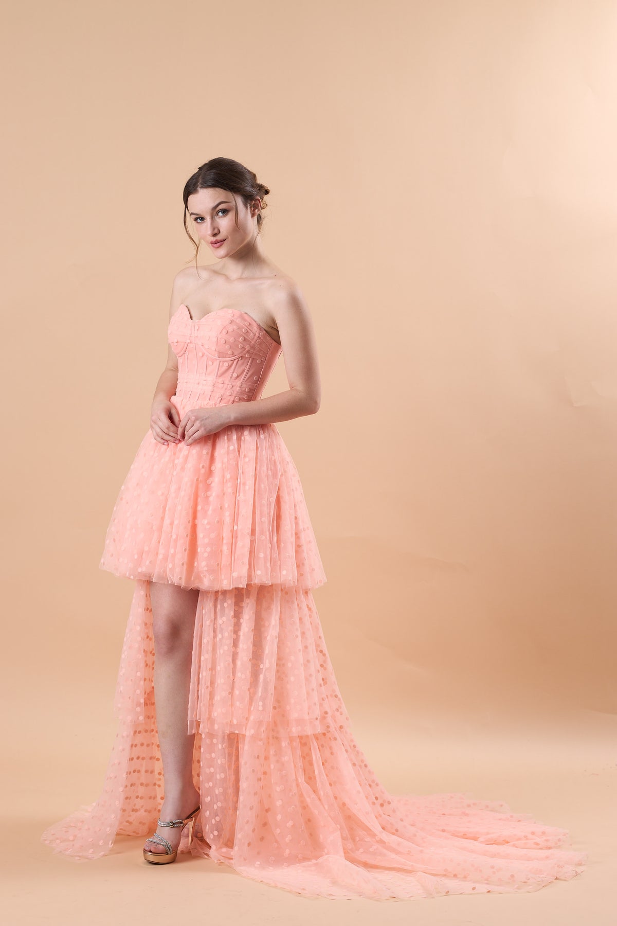 Blush Strapless Sweetheart Corset Polka Dot High Low Tulle Formal Gown | US Sizes | Ship in 72 Hours