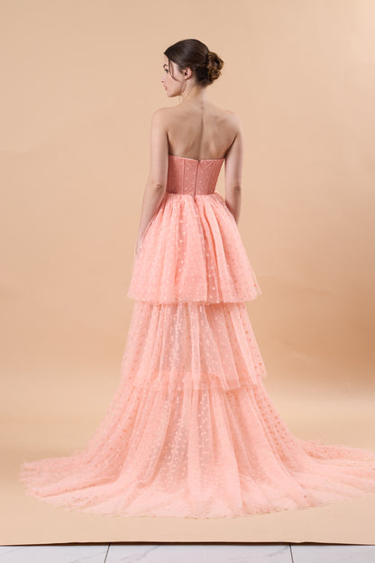 Blush Strapless Sweetheart Corset Polka Dot High Low Tulle Formal Gown | US Sizes | Ship in 72 Hours
