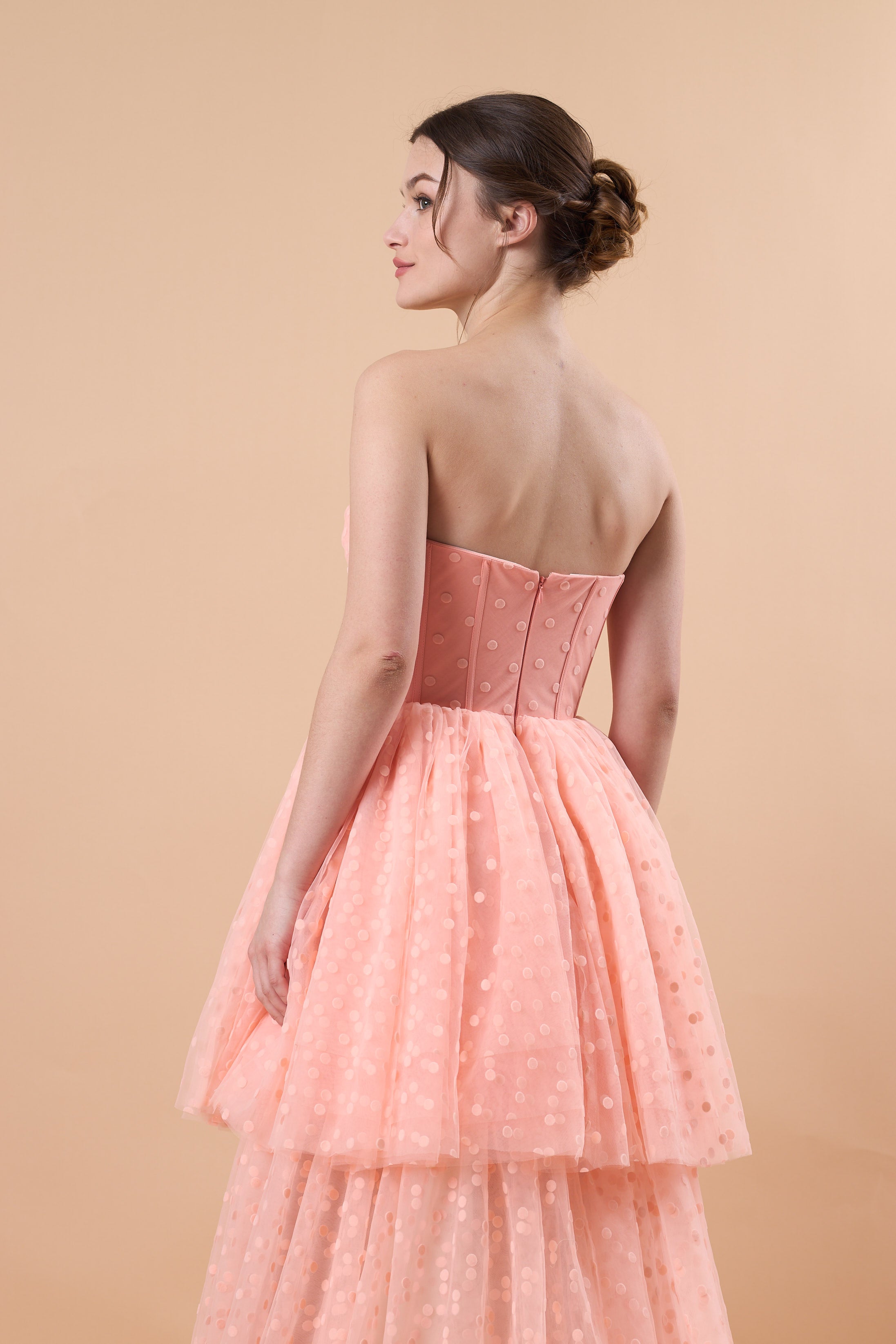 Blush Strapless Sweetheart Corset Polka Dot High Low Tulle Formal Gown | US Sizes | Ship in 72 Hours