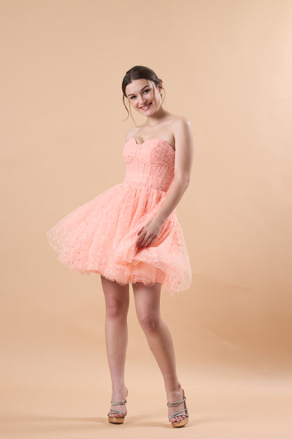 Blush Strapless Sweetheart Corset Polka Dot Tulle Short Party Dress | US Sizes | Ship in 72 Hours