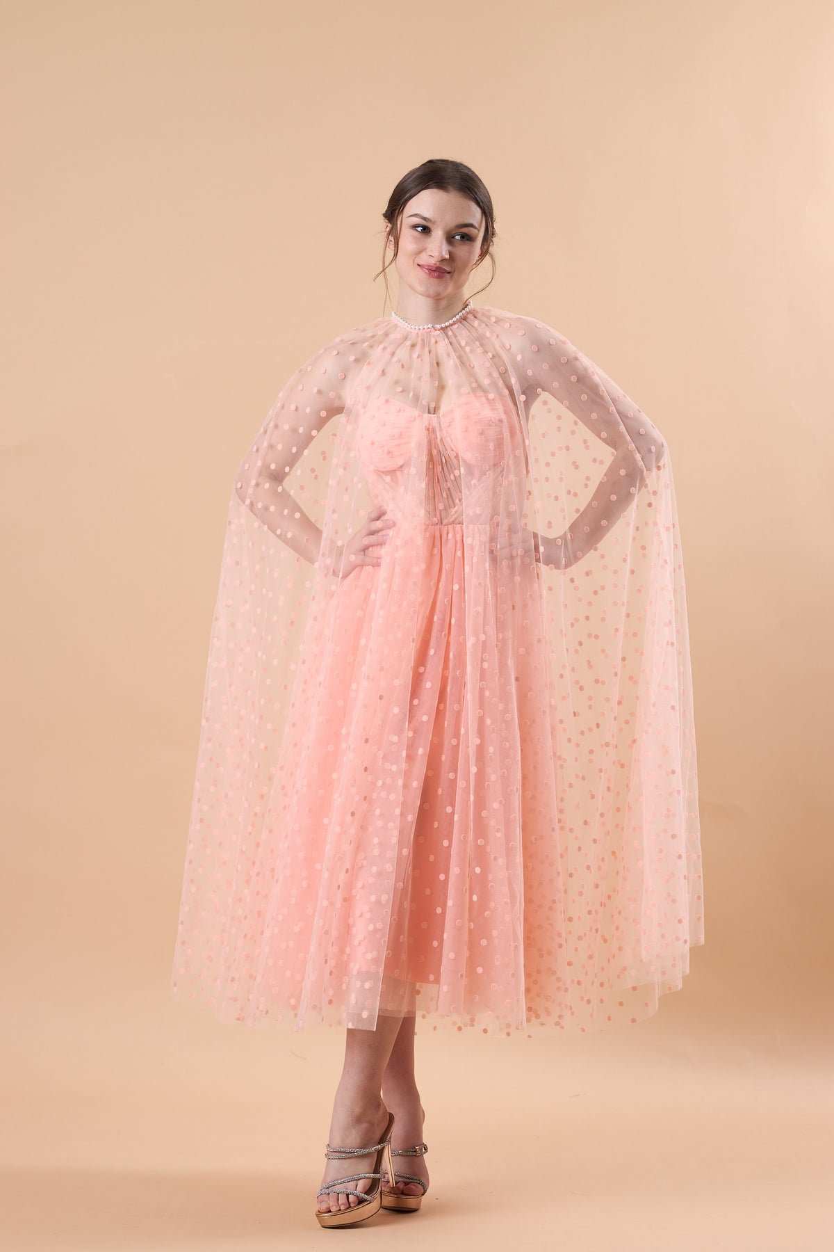Blush Polka Dot Tulle Cape Sleeve Corset Midi Formal Dress | US Sizes | Ship in 72 Hours