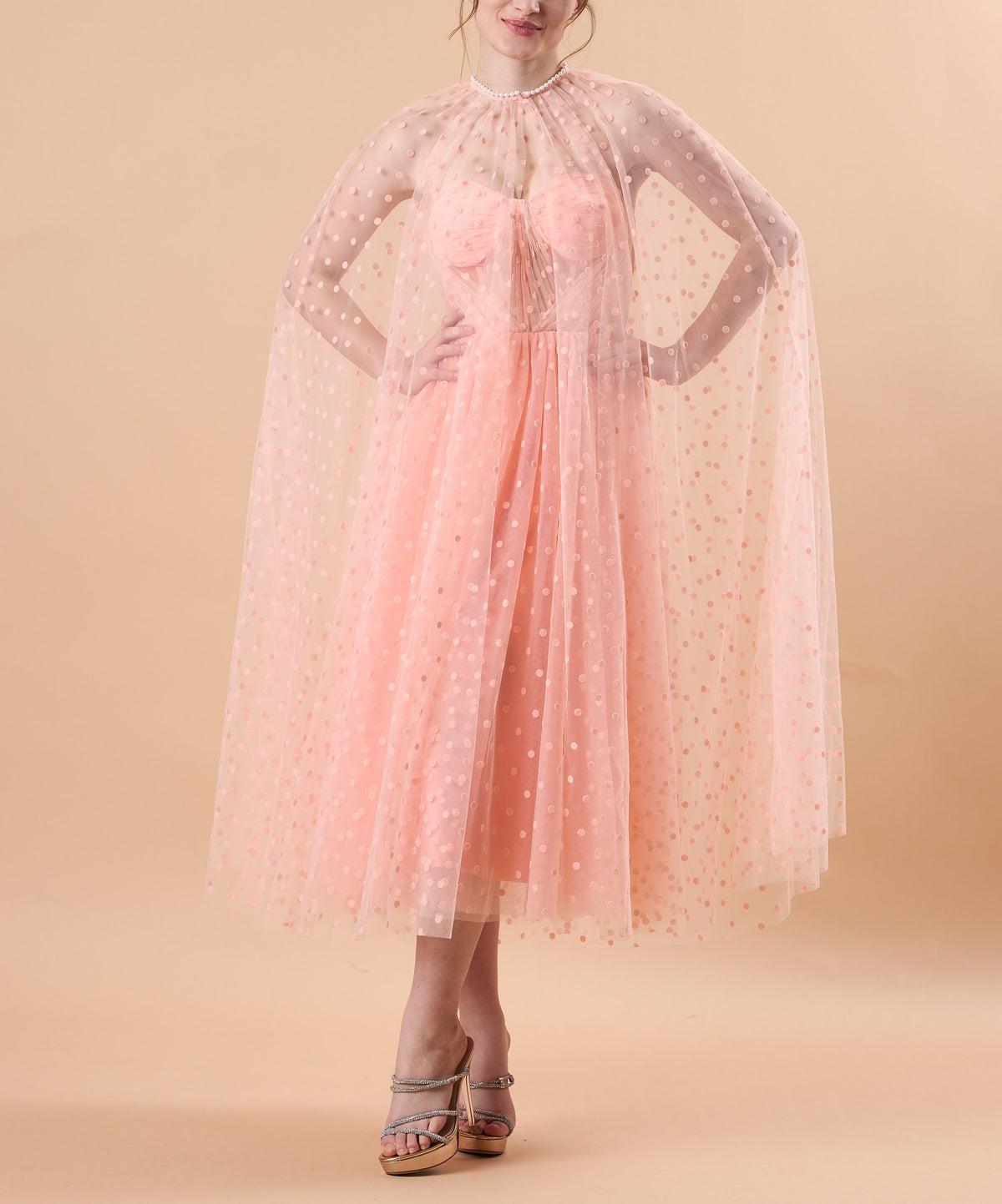 Blush Polka Dot Tulle Cape Sleeve Corset Midi Formal Dress | US Sizes | Ship in 72 Hours