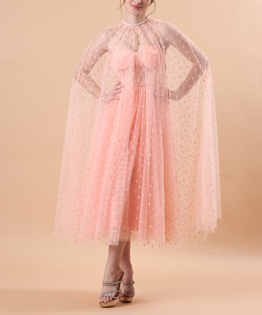 Blush Polka Dot Tulle Cape Sleeve Corset Midi Formal Dress | US Sizes | Ship in 72 Hours
