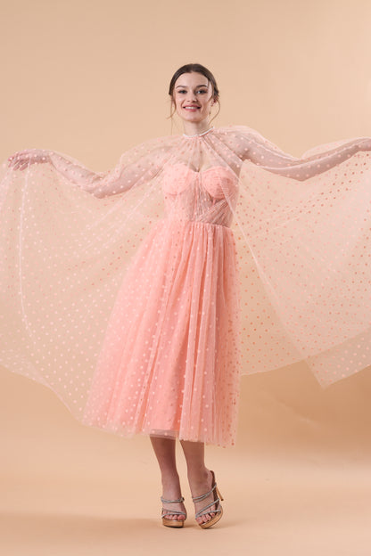 Blush Polka Dot Tulle Cape Sleeve Corset Midi Formal Dress | US Sizes | Ship in 72 Hours