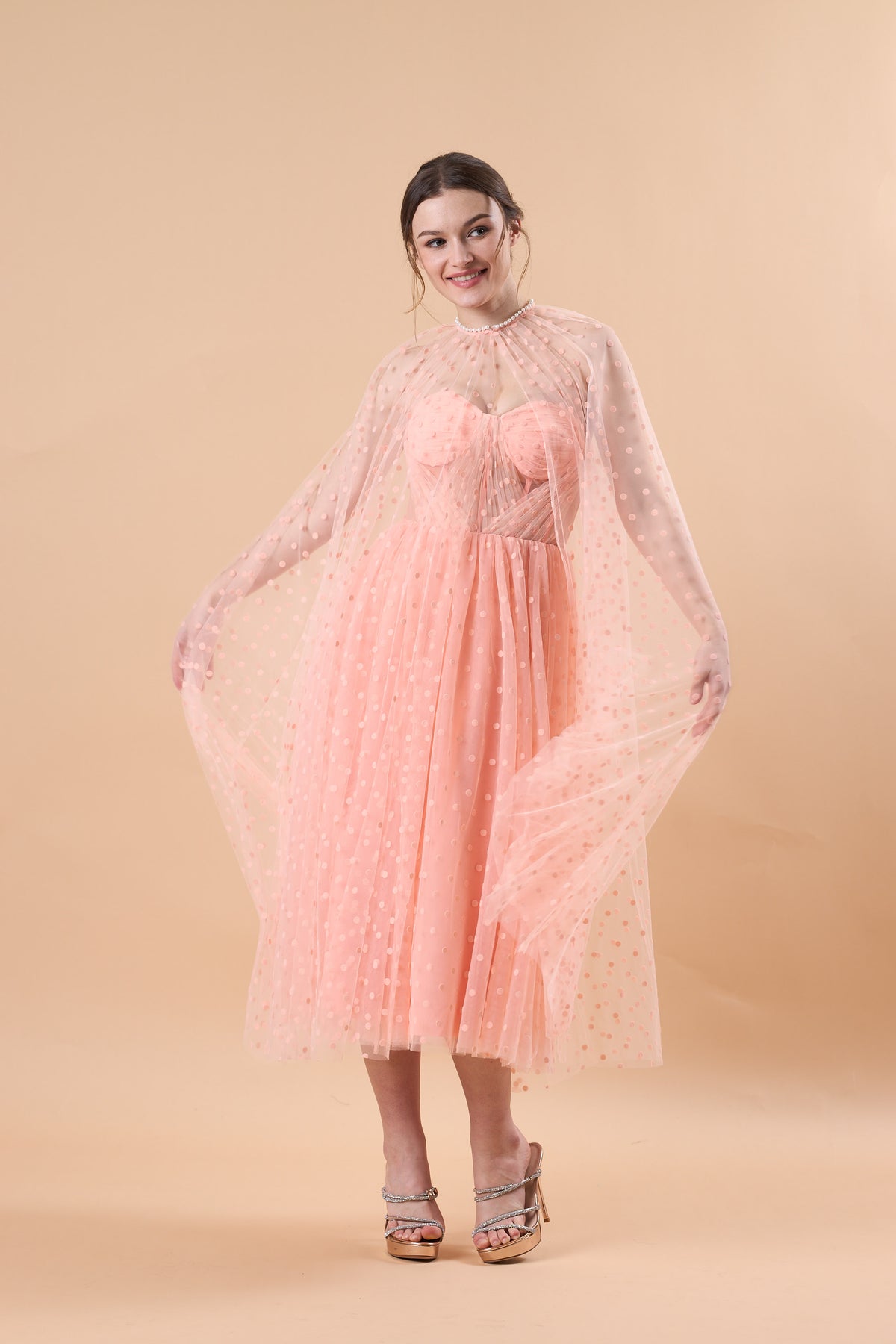 Blush Polka Dot Tulle Cape Sleeve Corset Midi Formal Dress | US Sizes | Ship in 72 Hours