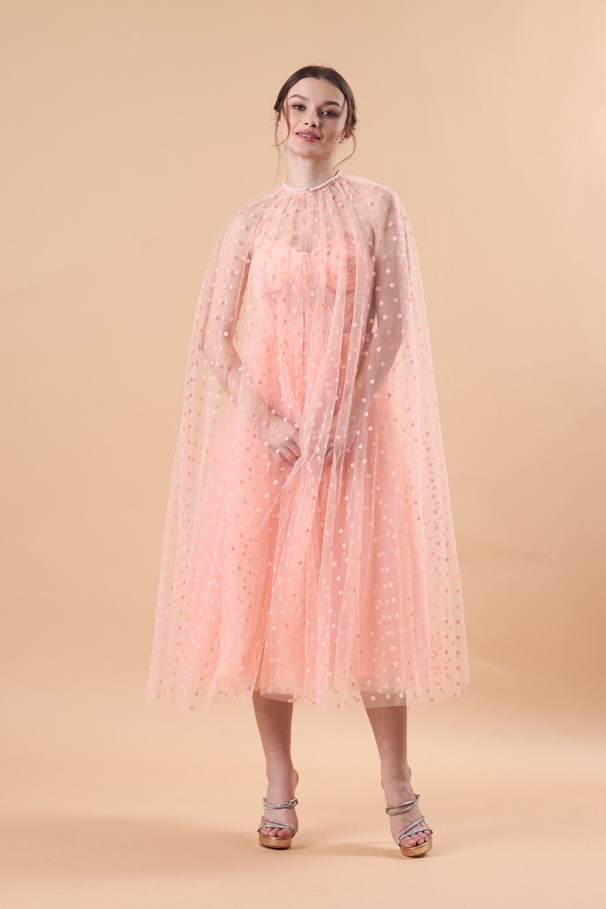 Blush Polka Dot Tulle Cape Sleeve Corset Midi Formal Dress | US Sizes | Ship in 72 Hours