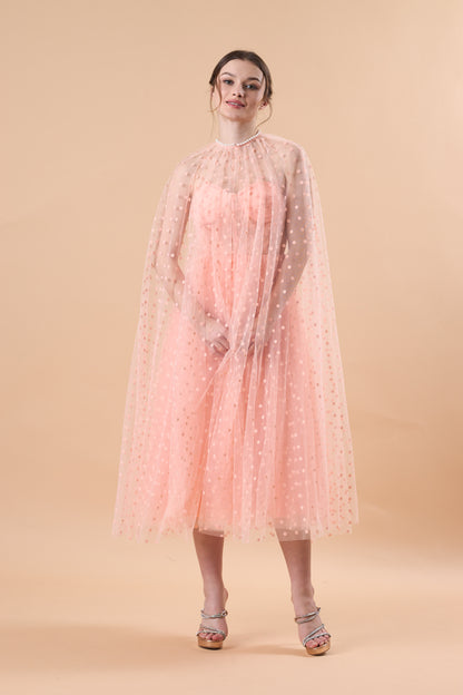 Blush Polka Dot Tulle Cape Sleeve Corset Midi Formal Dress | US Sizes | Ship in 72 Hours