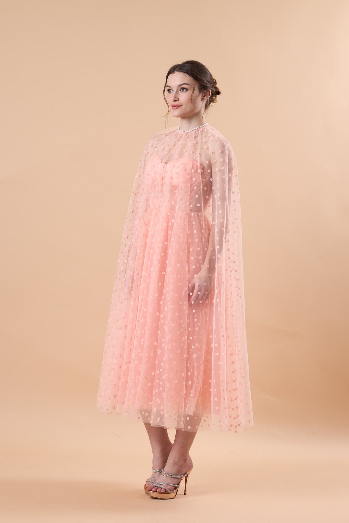 Blush Polka Dot Tulle Cape Sleeve Corset Midi Formal Dress | US Sizes | Ship in 72 Hours