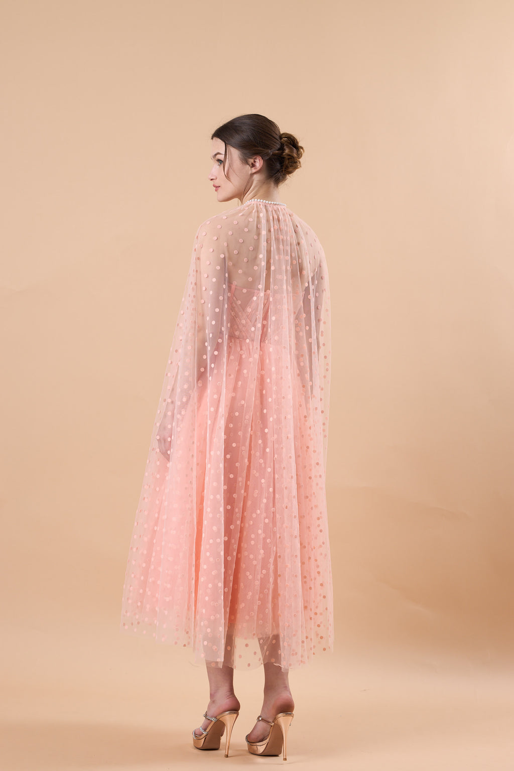Blush Polka Dot Tulle Cape Sleeve Corset Midi Formal Dress | US Sizes | Ship in 72 Hours