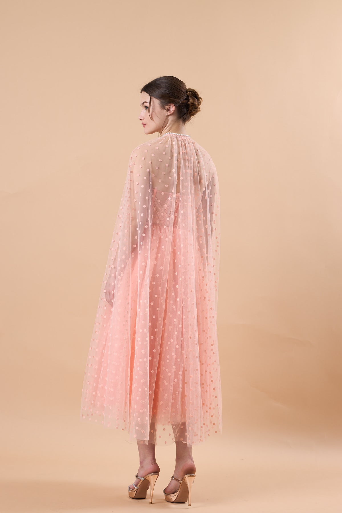 Blush Polka Dot Tulle Cape Sleeve Corset Midi Formal Dress | US Sizes | Ship in 72 Hours