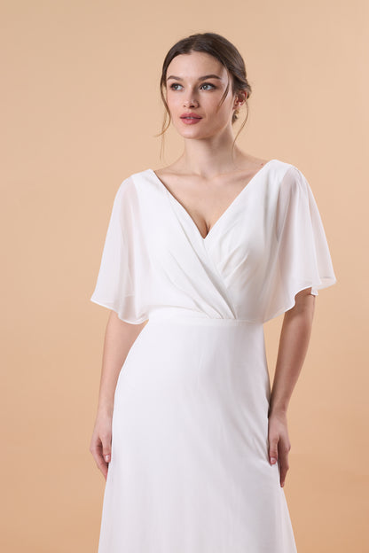White V Neck Flutter Sleeve Wrap Chiffon Floor-Length Maternity Maxi Dress | US Sizes | Ship in 72 Hours