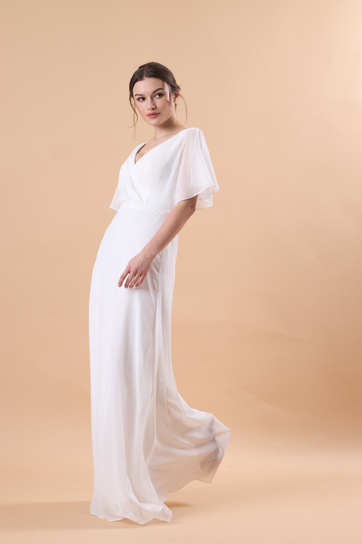 White V Neck Flutter Sleeve Wrap Chiffon Floor-Length Maternity Maxi Dress | US Sizes | Ship in 72 Hours