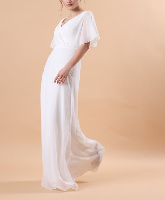 White V Neck Flutter Sleeve Wrap Chiffon Floor-Length Maternity Maxi Dress | US Sizes | Ship in 72 Hours