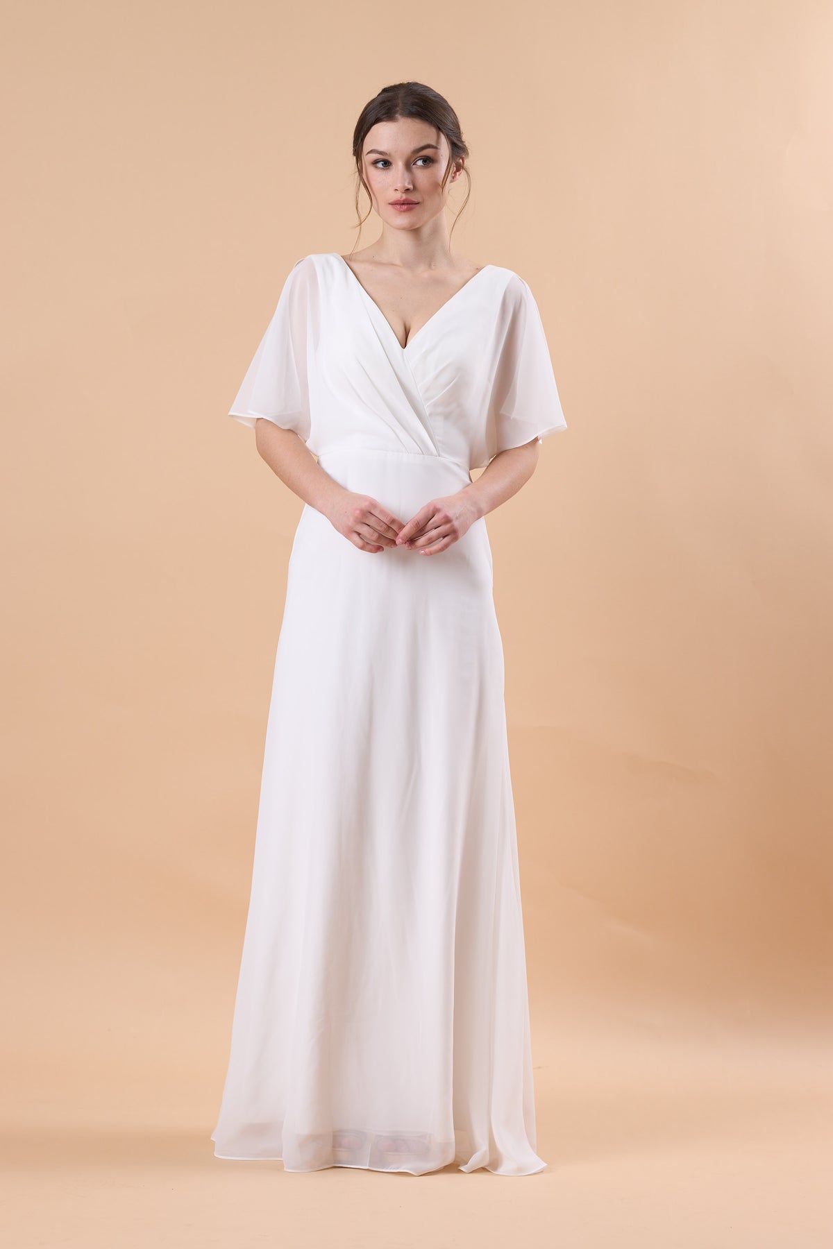 White V Neck Flutter Sleeve Wrap Chiffon Floor-Length Maternity Maxi Dress | US Sizes | Ship in 72 Hours