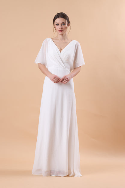White V Neck Flutter Sleeve Wrap Chiffon Floor-Length Maternity Maxi Dress | US Sizes | Ship in 72 Hours
