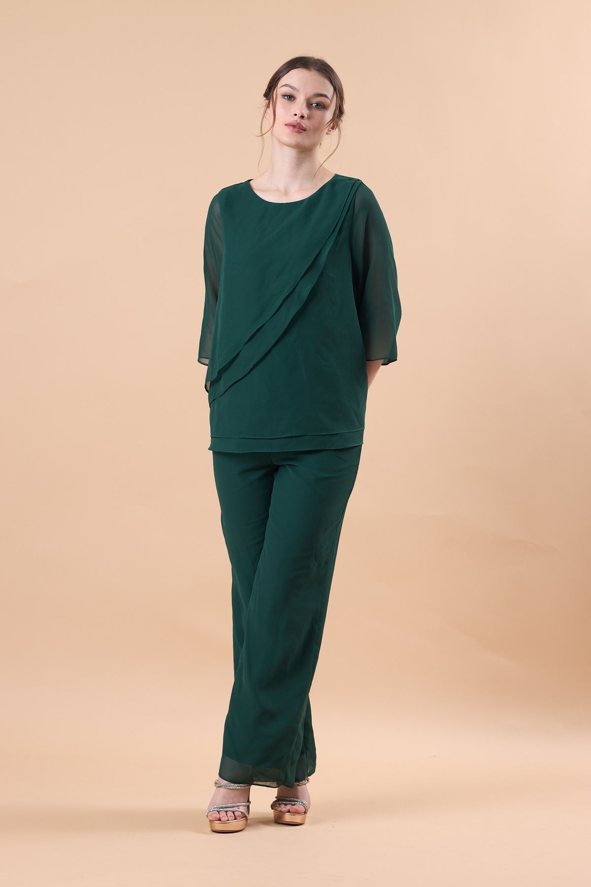 Emerald Green Chiffon 2 Piece Flare Sleeve Formal Pantsuit | US Sizes | Ship in 72 Hours