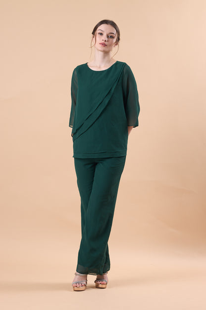 Emerald Green Chiffon 2 Piece Flare Sleeve Formal Pantsuit | US Sizes | Ship in 72 Hours