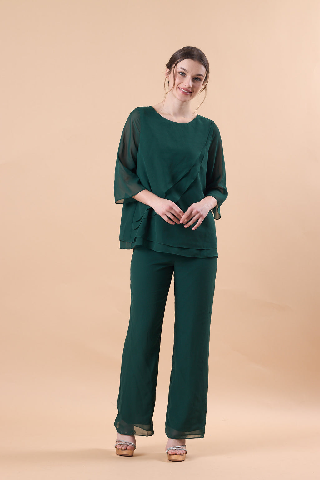 Emerald Green Chiffon 2 Piece Flare Sleeve Formal Pantsuit | US Sizes | Ship in 72 Hours