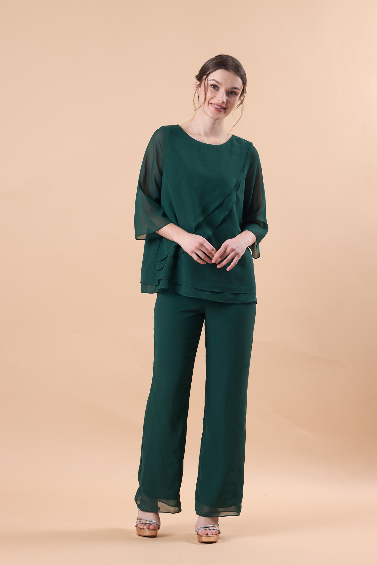 Emerald Green Chiffon 2 Piece Flare Sleeve Formal Pantsuit | US Sizes | Ship in 72 Hours
