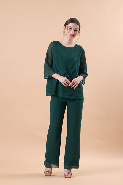 Emerald Green Chiffon 2 Piece Flare Sleeve Formal Pantsuit | US Sizes | Ship in 72 Hours