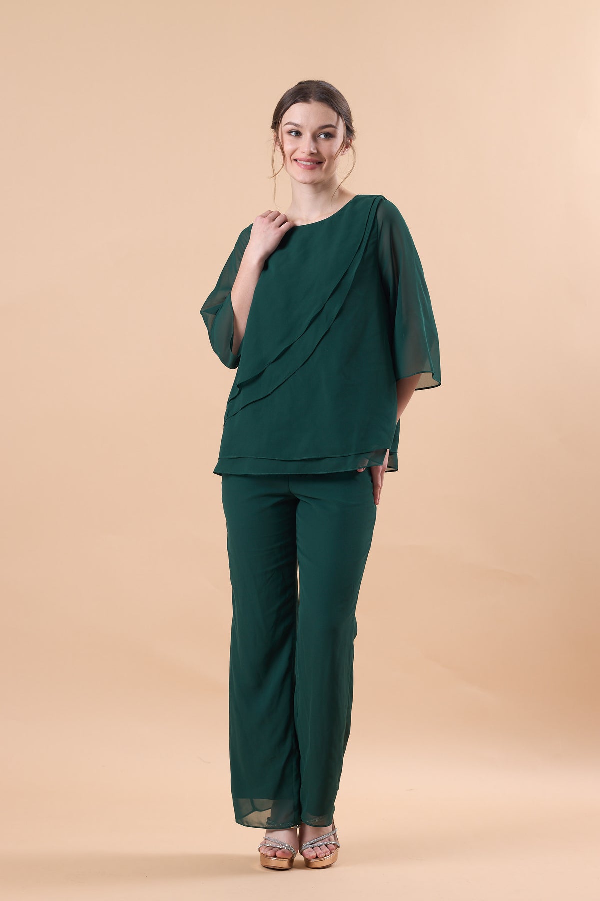Emerald Green Chiffon 2 Piece Flare Sleeve Formal Pantsuit | US Sizes | Ship in 72 Hours