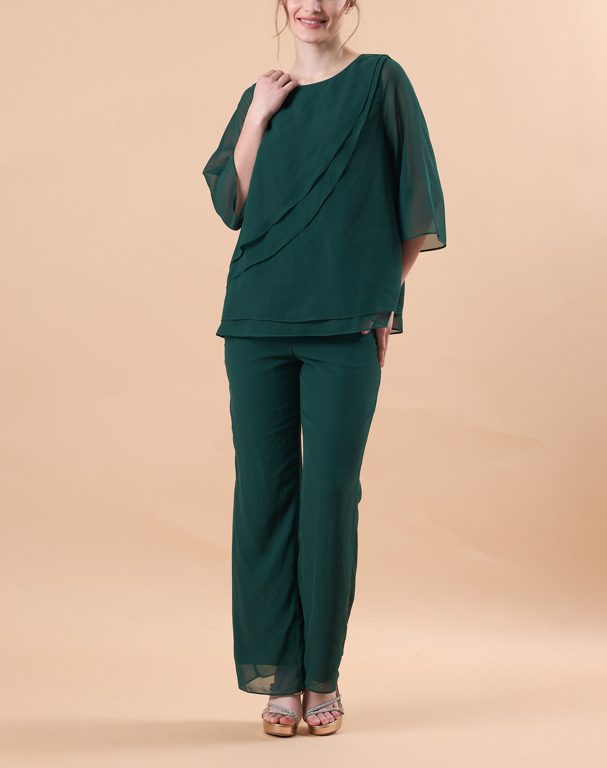 Emerald Green Chiffon 2 Piece Flare Sleeve Formal Pantsuit | US Sizes | Ship in 72 Hours