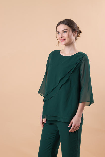 Emerald Green Chiffon 2 Piece Flare Sleeve Formal Pantsuit | US Sizes | Ship in 72 Hours