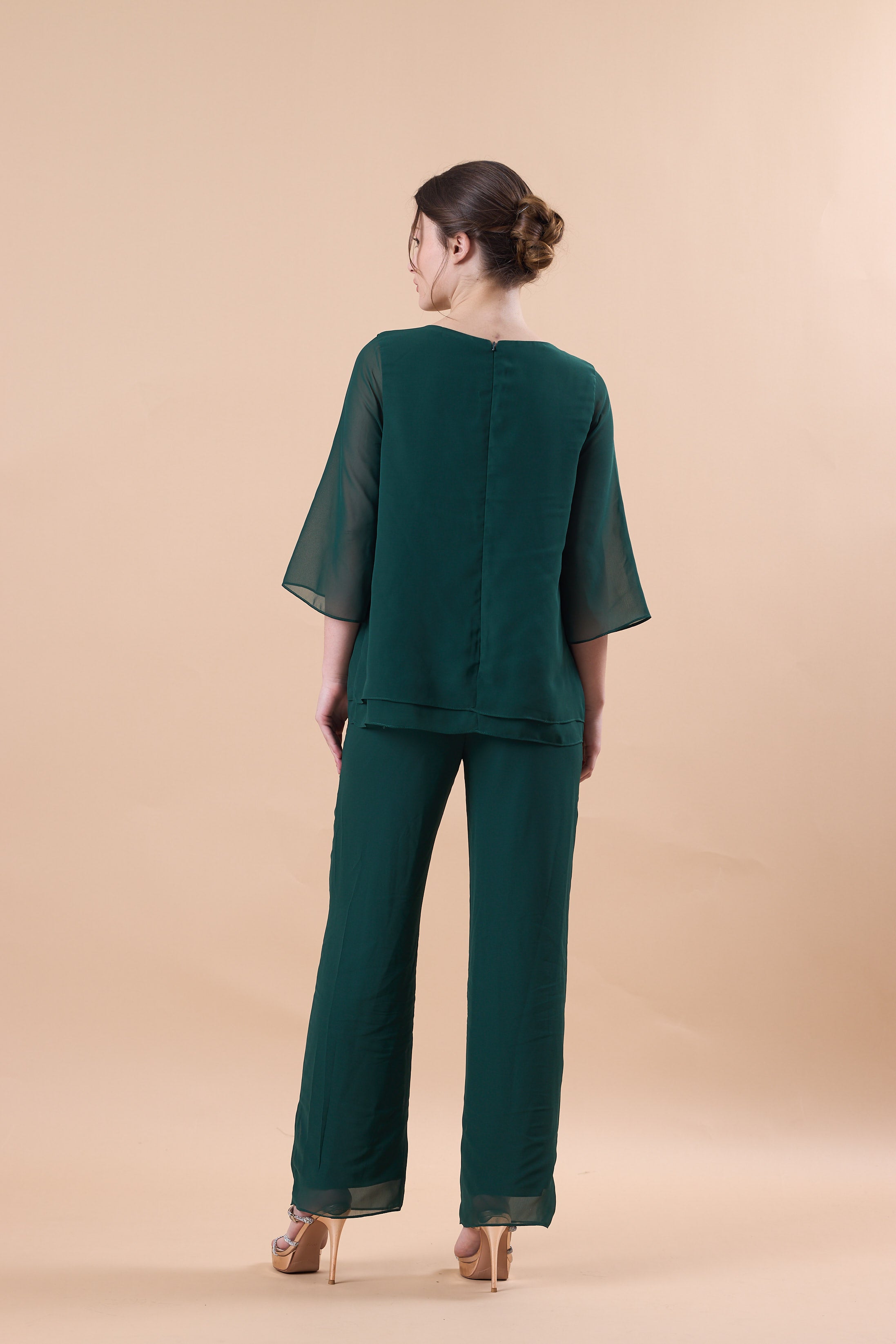 Emerald Green Chiffon 2 Piece Flare Sleeve Formal Pantsuit | US Sizes | Ship in 72 Hours