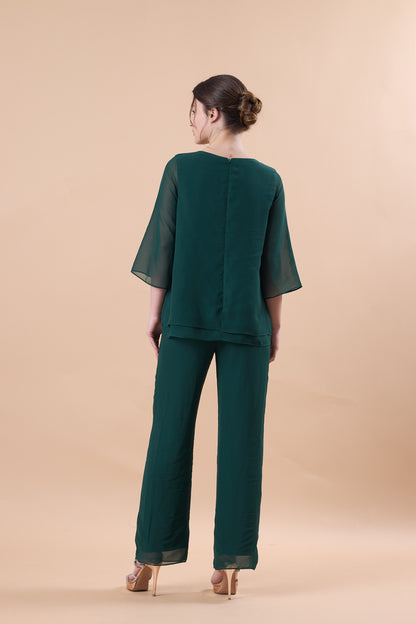 Emerald Green Chiffon 2 Piece Flare Sleeve Formal Pantsuit | US Sizes | Ship in 72 Hours